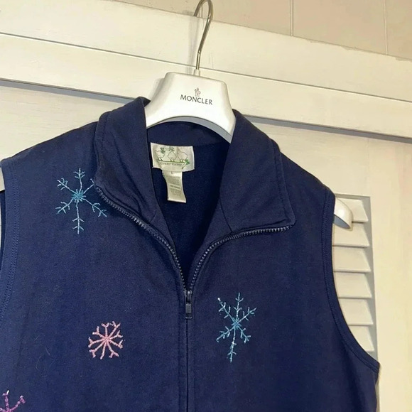 VTG the quacker factory snowflake winter holiday zipper blue vest women’s large - Picture 5 of 6